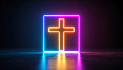 Obraz premium A neon cross glows in a dark setting, creating a striking visual contrast with colorful light reflections on the surface