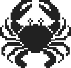 Pixelated crab illustration black and white retro gaming style, digital art, blocky sea creature