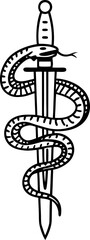 snake wrapped around dagger symbolic illustration, black white traditional tattoo style, danger, power