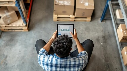 Person with tablet analyzing data in a warehouse inventory and logistics management - Powered by Adobe