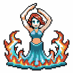 Obraz premium Pixel art dancer surrounded by flames, vibrant fire effects, retro video game