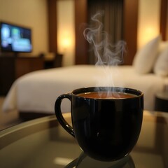 Black mug of hot tea on a glass table in a hotel room