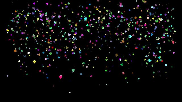 Waterfall of playing card symbols in various colors and sizes appears cascading down from the top of the screen. Perfect for gaming content