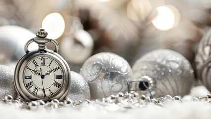 A vintage-style pocket watch sits among sparkling silver ornaments and delicate bead strings, set against a backdrop of soft lights, evoking a sense of anticipation for a celebration. - Powered by Adobe