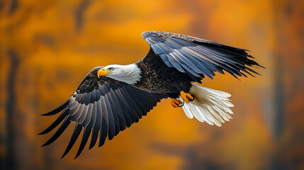 Obraz premium Majestic bald eagle soaring through autumnal foliage.