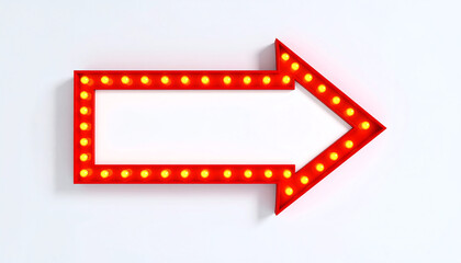 A vibrant red arrow sign with illuminated bulbs, pointing to the right against a clean white background, ideal for direction and attention-grabbing