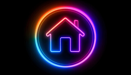 A colorful neon house icon surrounded by a glowing circle, set against a black background, symbolizing home and comfort