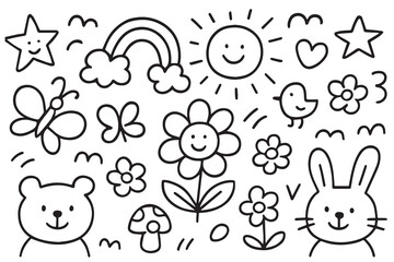 A vibrant doodle style vector background showcases fun drawings made for kindergarten kids, including animals, letters, numbers, and friendly cartoon faces.