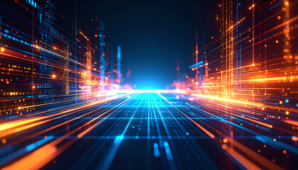 Vibrant digital lines and glowing nodes create a futuristic landscape, evoking themes of technology and innovation in a dark environment