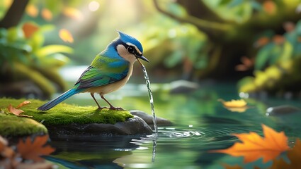 Vibrant bird drinking water from a creek surrounded by nature with autumn leaves
