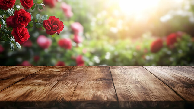 Elegant wooden table setup with blurred red roses in the background