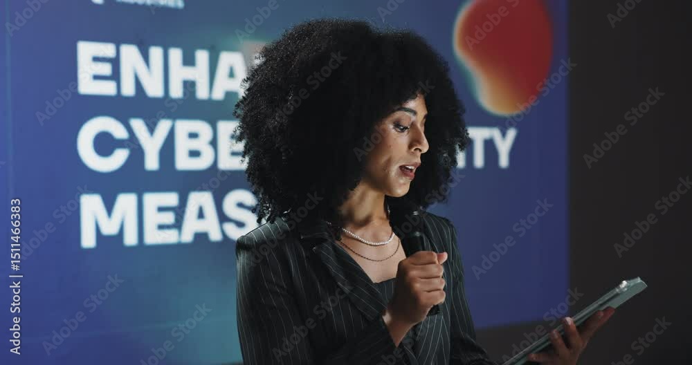 Aufkleber woman, speaker and tablet at conference event for enhanced cybersecurity measures. person, public sp