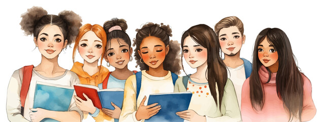 Diverse Groups of Students – College, High School, and University Friends Smiling, Studying, and Standing Together. vector illustration.