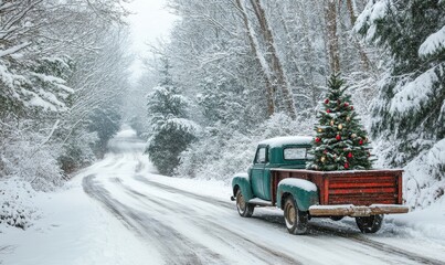 picturesque countryside road blanketed in snow with a vintage truck carrying a Christmas tree, Generative AI