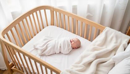 A newborn baby in a towel lies peacefully in a wooden crib with soft bedding against a calm, light-filled background.