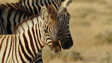 Baby zebra foal closeup portrait in savannah. African zebra standing on grass in Savannah. Wild...