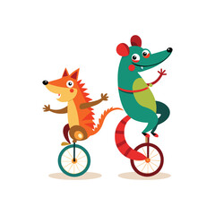 Funny wild animals on unicycles icon vector illustration