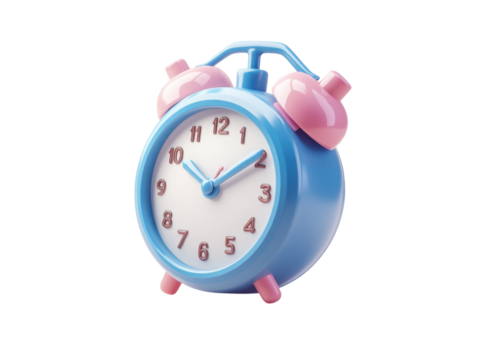 A blue and pink alarm clock with the time of 10:30 - Powered by Adobe