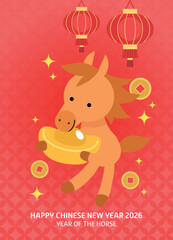 Cute zodiac horse with luck money. Cartoon horse holding a gold sycee ingot with golden coins in background. Chinese new year of the horse 2026 greeting card vector illustration.