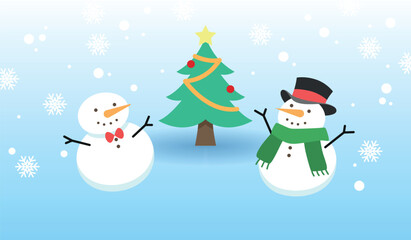 Winter snowy vector background with snowman and christmas tree. 
