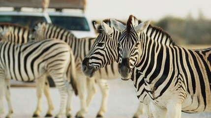 Closeup of herd of wild African zebra standing with baby zebra foal in savannah. epic shot of zebra...