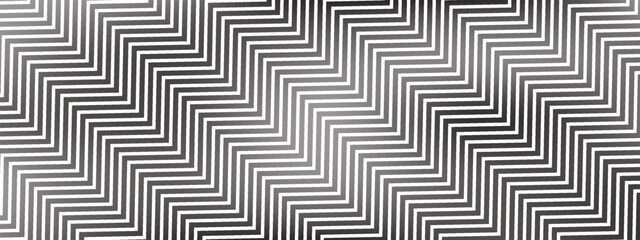 Black and white background with zigzag pattern. Line texture creates abstract art. Geometric design adds optical depth to the layout. Vector illustration.