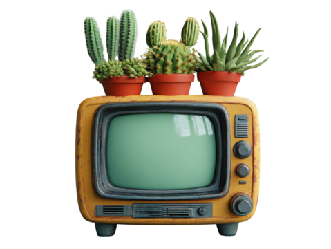 A television with a green screen and a bunch of plants in pots on top of it