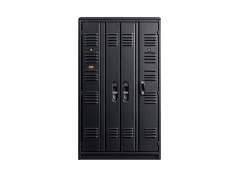 A black locker room with three doors