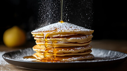 Fluffy pancakes stacked high, drizzled with syrup, and dusted with powdered sugar