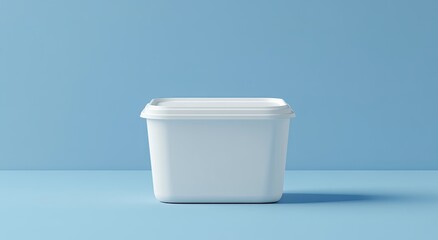 White square plastic food container on a light blue background