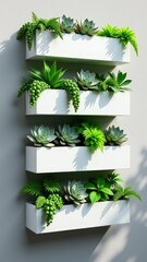 White wall with four white planters filled with various green plants