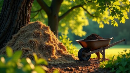 Wheelbarrow full of leaves and dirt is sitting next to a tree. The scene is peaceful and serene