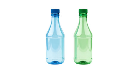Two transparent plastic bottles one blue and one green with caps on a black background in studio shot