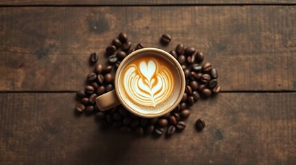 Latte art on wooden table with coffee beans (1)