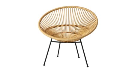 Close up view of a light brown wicker chair with black metal legs on a black background studio shot