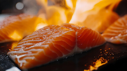 Fresh salmon fillet being grilled to perfection, showcasing delicious seafood preparation