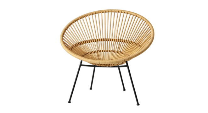 Close up view of a light brown wicker chair with black metal legs on a black background studio shot