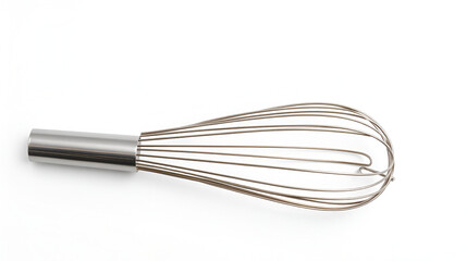 Stainless steel wire whisk placed on a plain white background