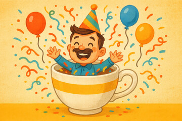 Joyful child in oversized cup, festive atmosphere with colorful balloons, celebrating a birthday party, cheerful vibe for invitations. Isolated on white background or PNG