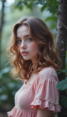 Naklejka premium Young woman gazing thoughtfully while standing by a tree outdoors 