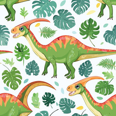 Parasaurolophus Vector Illustration with Seamless Pattern Design