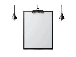 A white board with a black frame and a clip