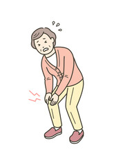 膝の痛みで膝に手を当てる高齢女性のイラスト
