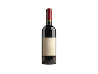 A bottle of red wine with a red label and a red cap