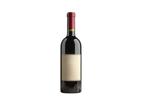 A bottle of red wine with a red label and a red cap