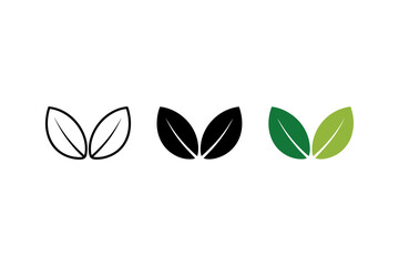Set of Two Leaf Icons in Outline Solid Black and Green Gradient Vector Styles