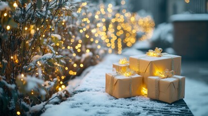 elegantly wrapped presents stacked on a snowy bench under softly glowing fairy lights, Generative AI