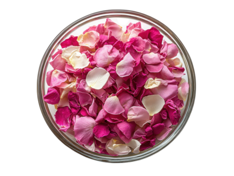 A bowl of pink and white flower petals