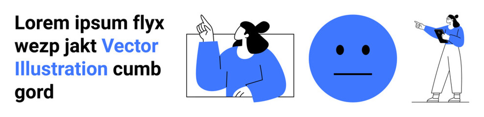 Blue circular flat face with neutral expression, man and woman pointing in dynamic poses, placeholder text. Ideal for emotions, communication, minimalism, mock-ups, messaging, personas simple