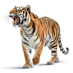 Fototapeta premium A roaring tiger facing forward with its body slightly angled, showing detailed fur and an intense expression.